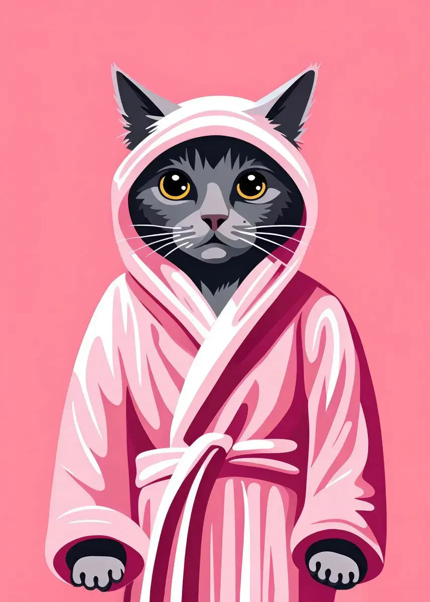 Black Cat Wearing Bathrobe Poster Wall Art for Bathroom