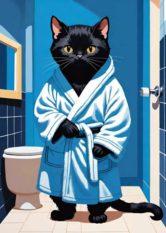 Black Cat Wearing Bathrobe Poster Wall Art for Bathroom