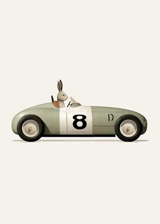 Rabbit Riding Car Poster Canvas for Nursery Kid Room