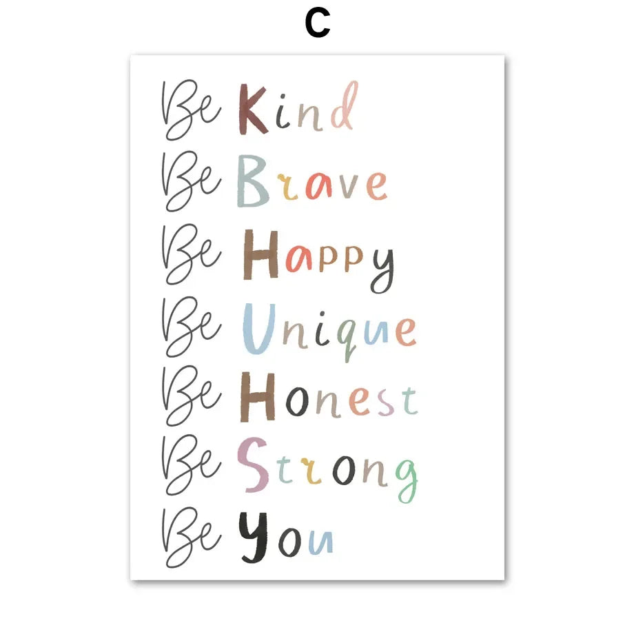 Rainbow Be Kind Brave Happy Poster Canvas For Nursery Kid Room