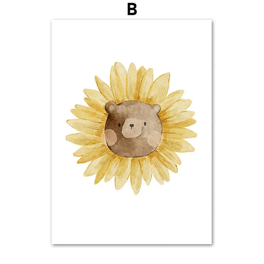 Cute Bear & Sunflower Poster Canvas for Nursery