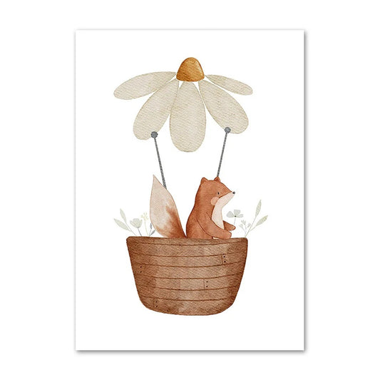 Fox & Daisy Flower Poster Canvas for Nursery