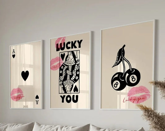 Lucky You Aesthetic Queen of Hearts Set Of 3 Poster Canvas