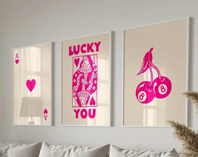 Lucky You Aesthetic Queen of Hearts Set Of 3 Poster Canvas