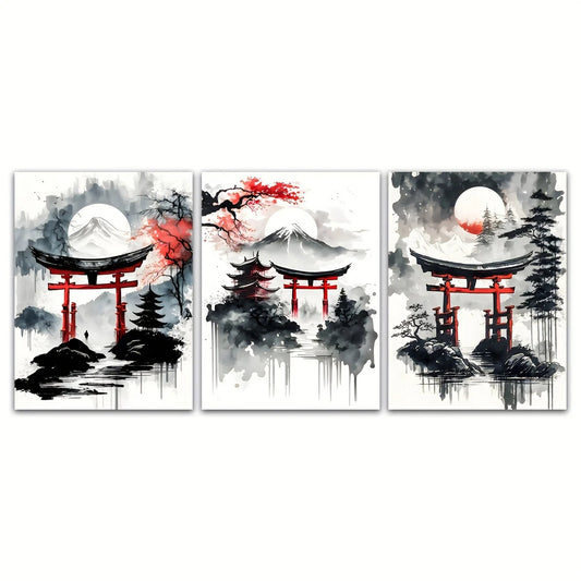 Japanese Landscape Set of 3 Part Wall Art Poster Canvas