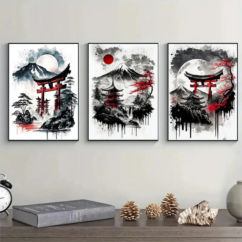 Black & Red Japanese Nature Set 3 Poster Canvas