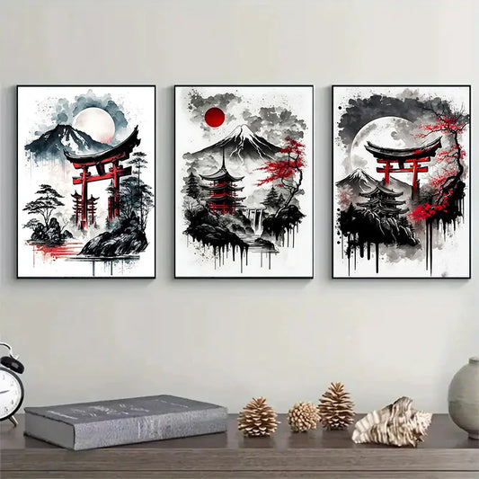 Black & Red Japanese Nature Set 3 Poster Canvas