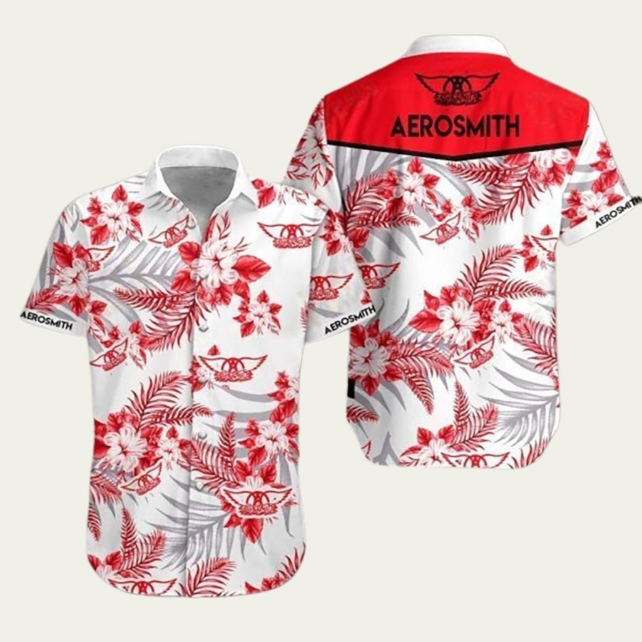 Aerosmith Hawaiian Shirt, Floral Red And White Pattern