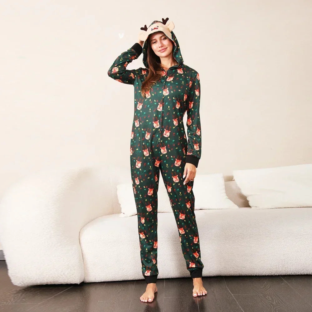 Cute Family Christmas Pajamas, Elk Hooded Jumpsuit