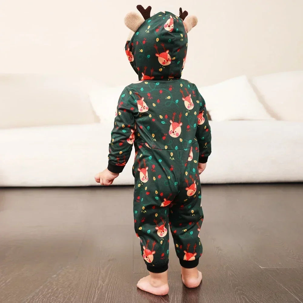 Cute Family Christmas Pajamas, Elk Hooded Jumpsuit