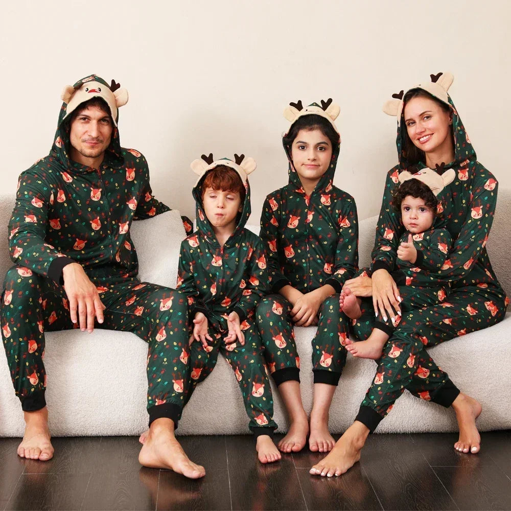 Cute Family Christmas Pajamas, Elk Hooded Jumpsuit