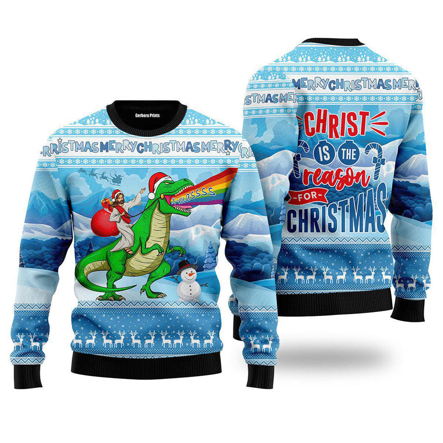 Jesus Riding Dinosaur Ugly Christmas Sweater