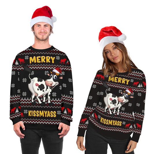 Funny Cow Xmas His Her Couple Ugly Sweater